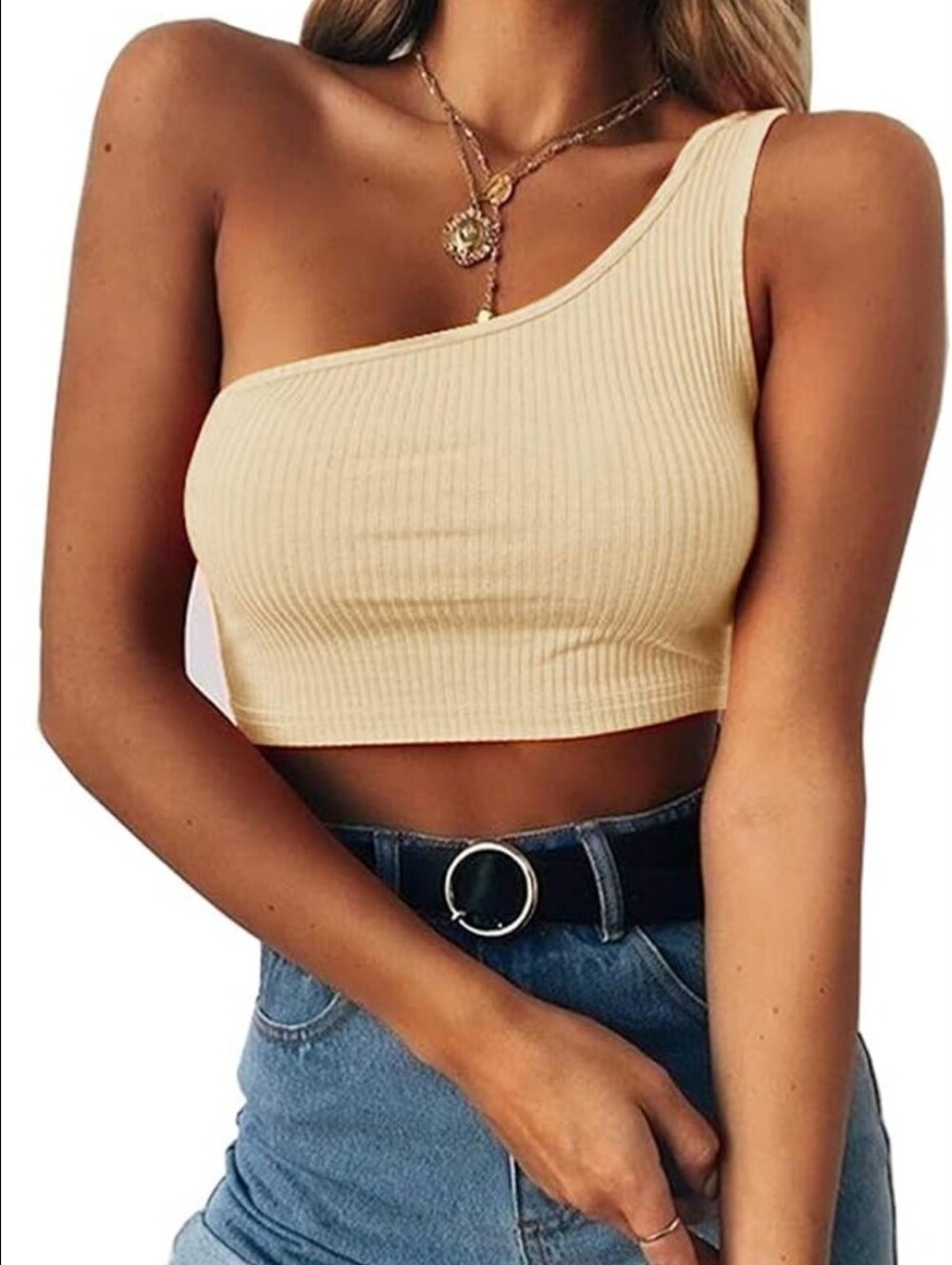 American Eagle Outfitters One-Shoulder Ribbed Crop Top in Beige